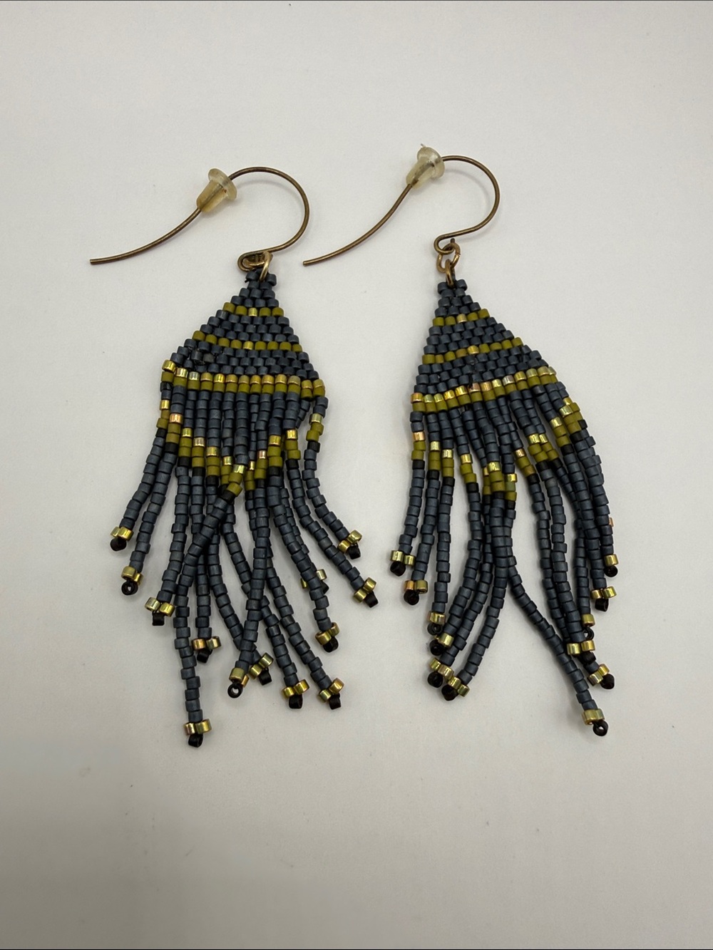 Vintage Native American Style Blue Green Seed Beaded Tassel Dangle Drop Earrings